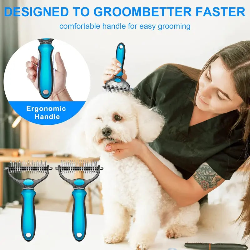 Double-Sided Pet Deshedding Brush – Dematting Undercoat Rake for Dogs and Cats