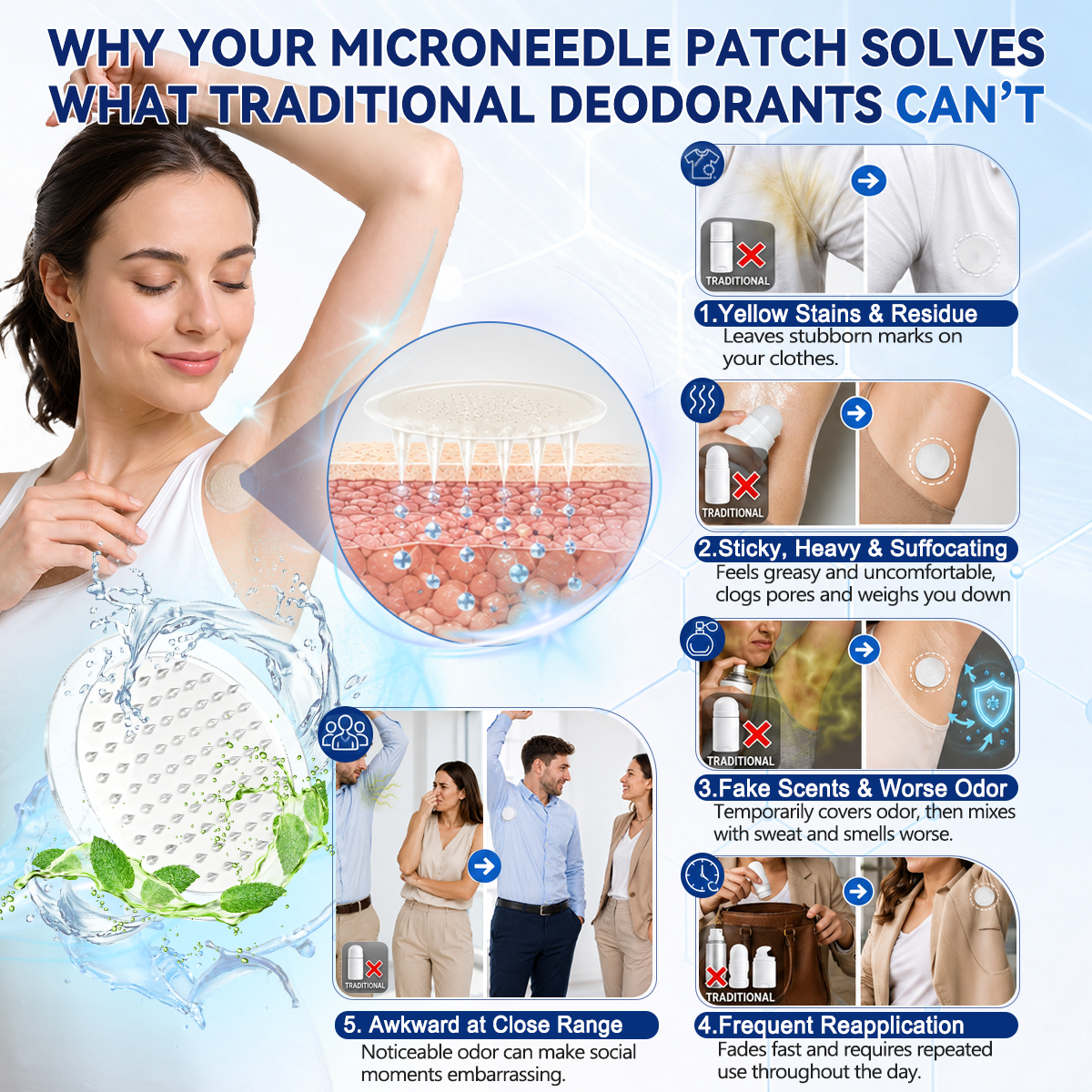 Hiskin® 2-in-1 Advanced Sweat Control & Deodorant Microneedle Patches — For All Genders · Aluminum-Free · Natural Odor Control