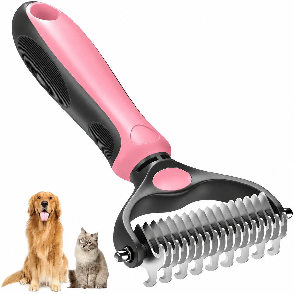 Double-Sided Pet Deshedding Brush – Dematting Undercoat Rake for Dogs and Cats