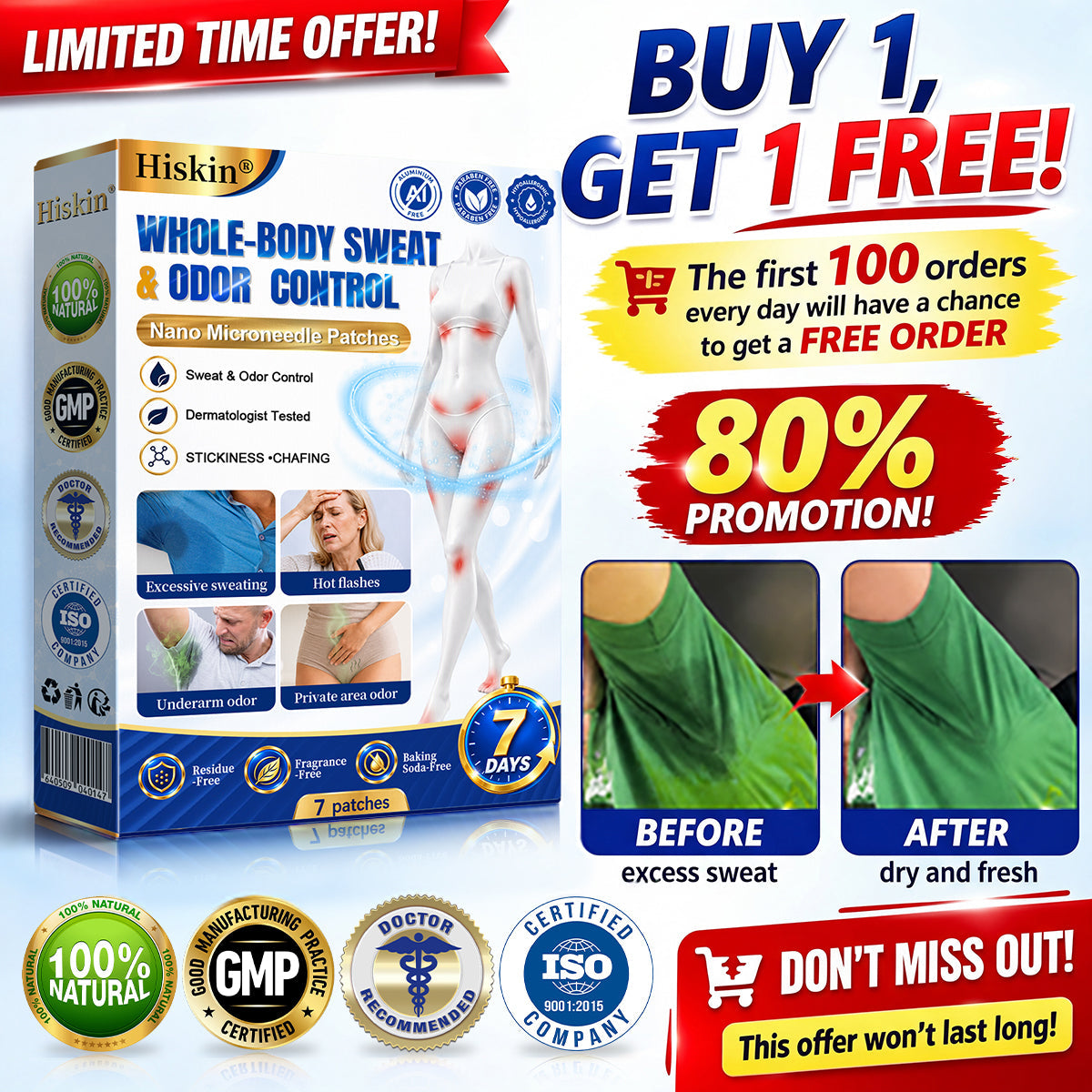 Hiskin® 2-in-1 Advanced Sweat Control & Deodorant Microneedle Patches — For All Genders · Aluminum-Free · Natural Odor Control