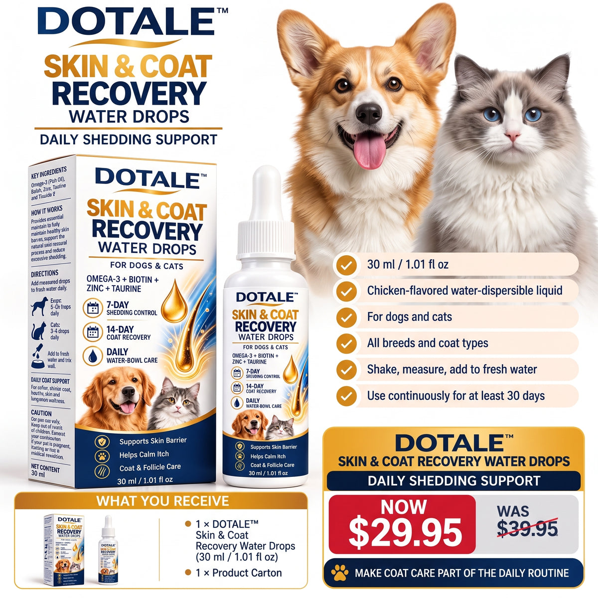 DOTALE™ Skin & Coat Recovery Water Drops for Dogs and Cats