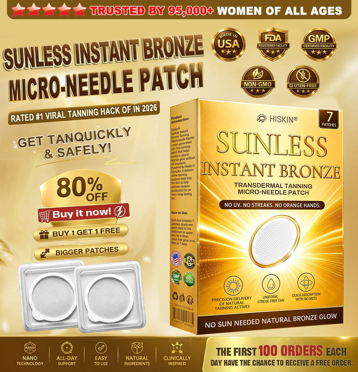 ☀️ Hiskin® Sunless Bronze Tanning Microneedle Patch | One Patch Daily · Gradual Bronze Glow Over 2–4 Weeks ✅ No UV, No Orange, No Streaks, No DHA, No Mess.