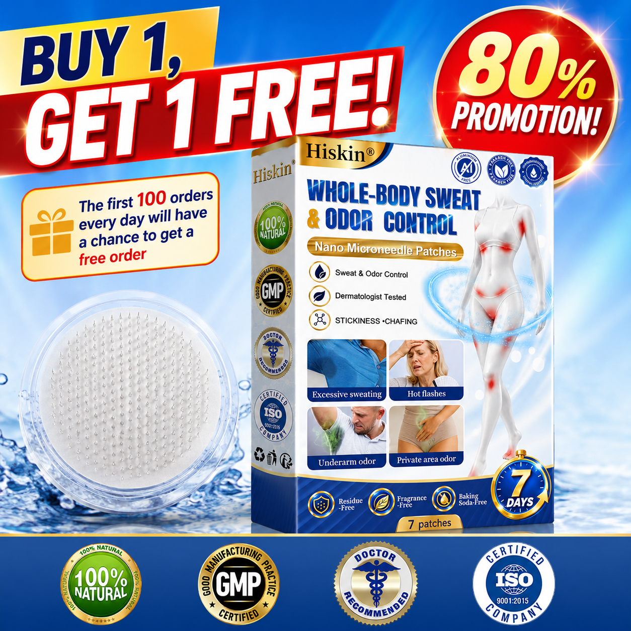 Hiskin® 2-in-1 Advanced Sweat Control & Deodorant Microneedle Patches — For All Genders · Aluminum-Free · Natural Odor Control
