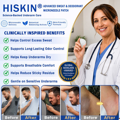 Hiskin® 2-in-1 Advanced Sweat Control & Deodorant Microneedle Patches — For All Genders · Aluminum-Free · Natural Odor Control