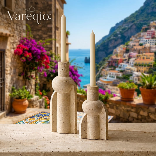 Vareqio™ Positano Sculptural Travertine Candle Holders – Set of 2
